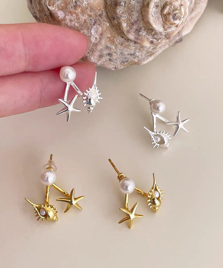 DIY Gold Copper Overgild Pearl Sea Star Conch Stud Earrings