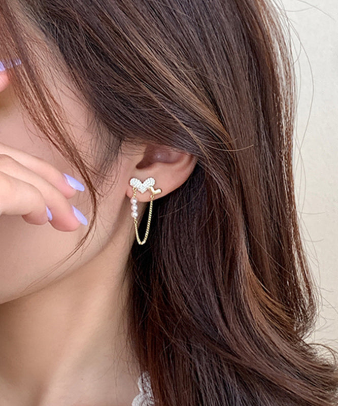 DIY Gold Copper Overgild Zircon Pearl Love Tassel Hoop Earrings