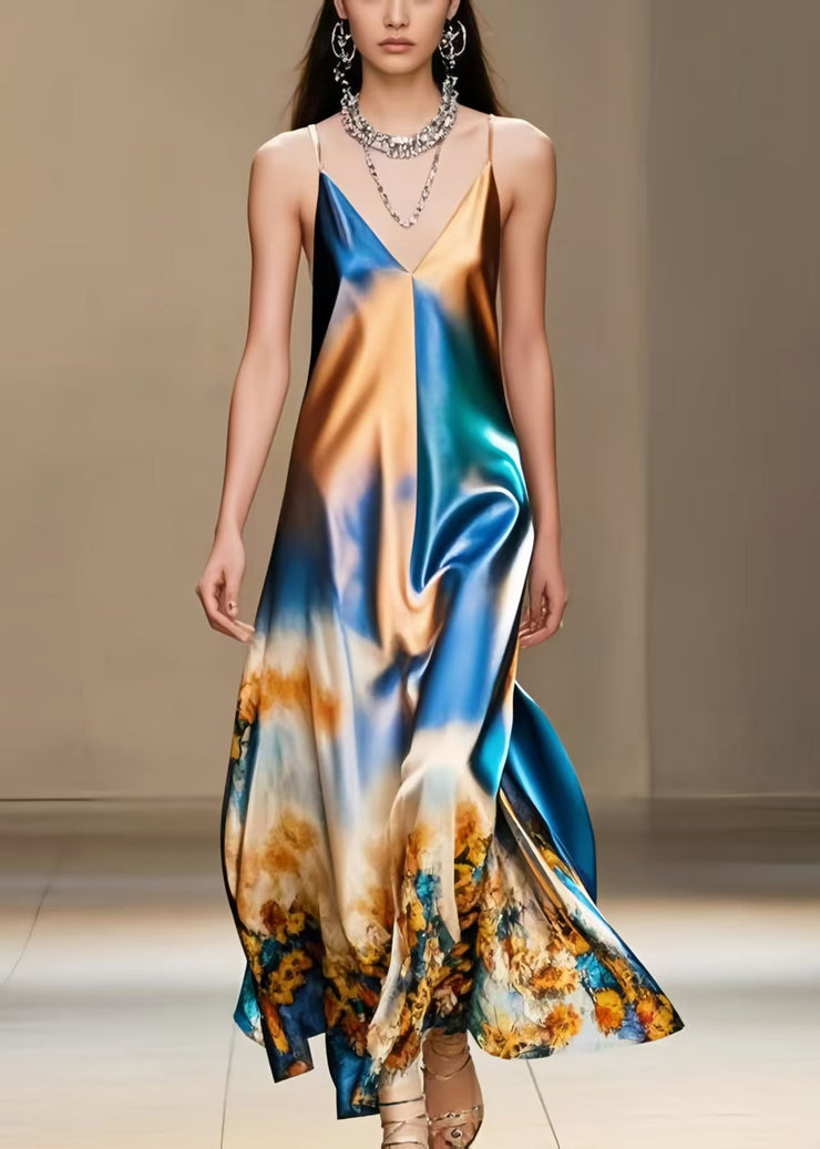 DIY Gradient Color Print Silk Spaghetti Strap Dress Summer