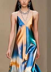 DIY Gradient Color Print Silk Spaghetti Strap Dress Summer