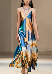 DIY Gradient Color Print Silk Spaghetti Strap Dress Summer