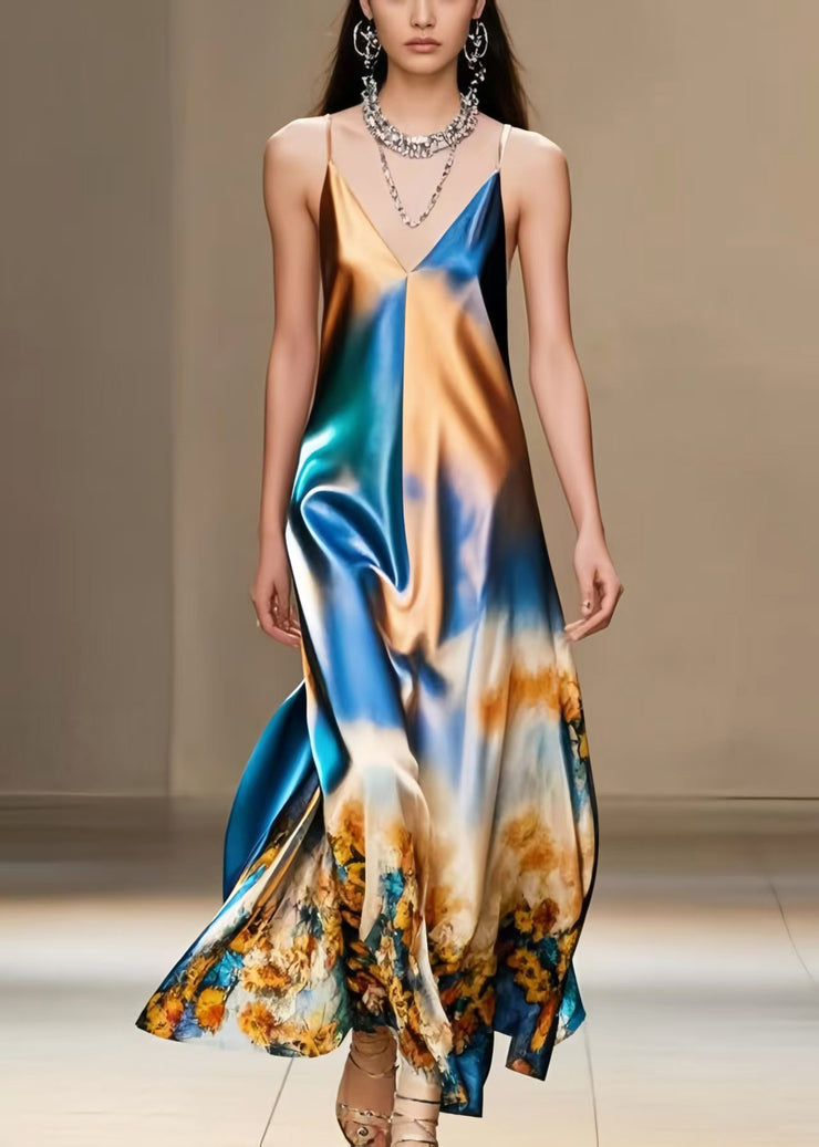 DIY Gradient Color Print Silk Spaghetti Strap Dress Summer