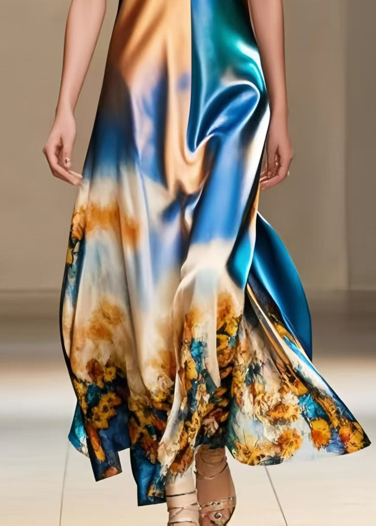 DIY Gradient Color Print Silk Spaghetti Strap Dress Summer