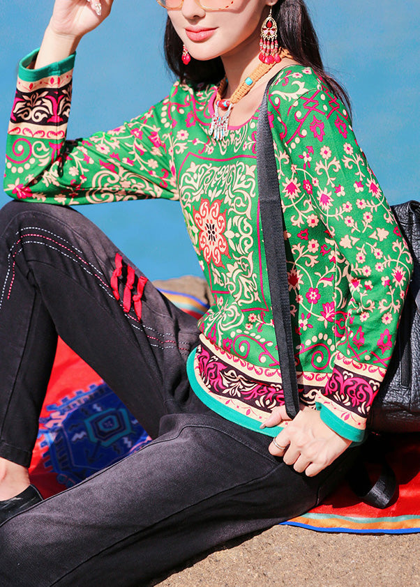 DIY Green O-Neck Print Top Long Sleeve