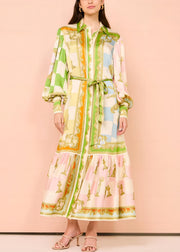 DIY Green Peter Pan Collar Button Tie Waist Maxi Dress Lantern Sleeve