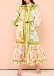 DIY Green Peter Pan Collar Button Tie Waist Maxi Dress Lantern Sleeve