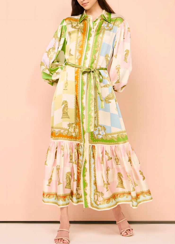 DIY Green Peter Pan Collar Button Tie Waist Maxi Dress Lantern Sleeve