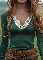 DIY Green V Neck Lace Patchwork Cotton T Shirts Spring