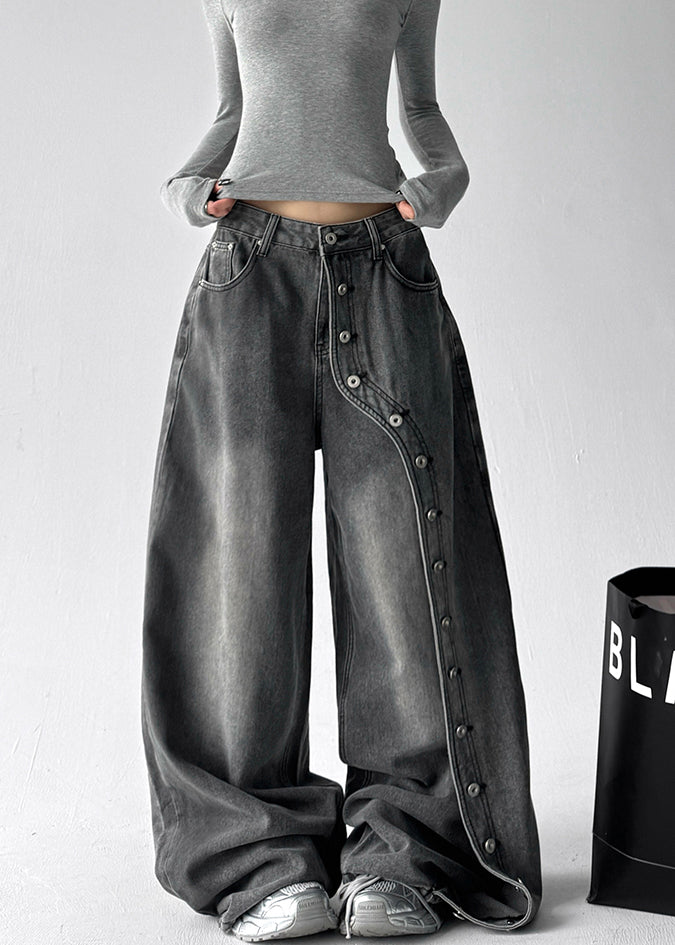 DIY Grey Asymmetrical Rivet Denim Harem Pants Fall