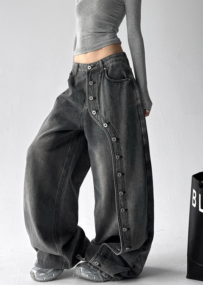 DIY Grey Asymmetrical Rivet Denim Harem Pants Fall