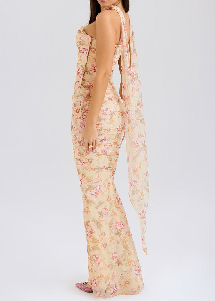DIY Khaki Cold Shoulder Print Tulle Vacation Wraped Dresses Summer