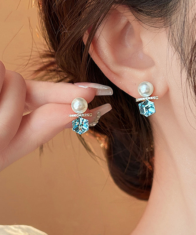 DIY Lake Blue Copper Alloy Zircon Pearl Stud Earrings