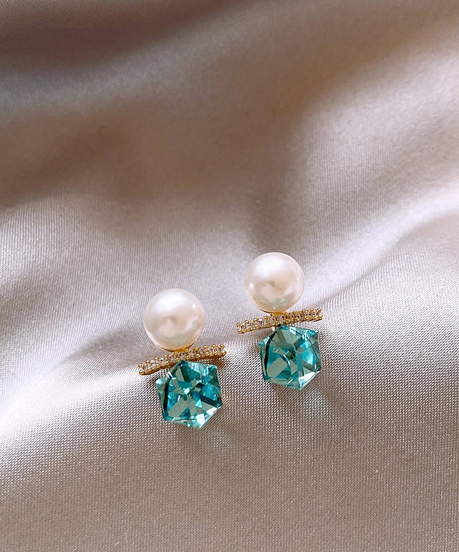 DIY Lake Blue Copper Alloy Zircon Pearl Stud Earrings
