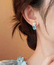 DIY Lake Blue Copper Alloy Zircon Pearl Stud Earrings