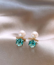 DIY Lake Blue Copper Alloy Zircon Pearl Stud Earrings