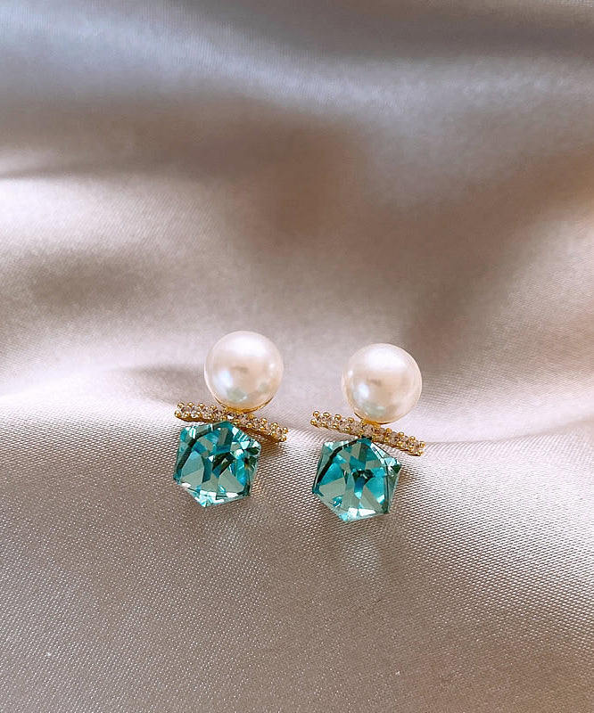 DIY Lake Blue Copper Alloy Zircon Pearl Stud Earrings