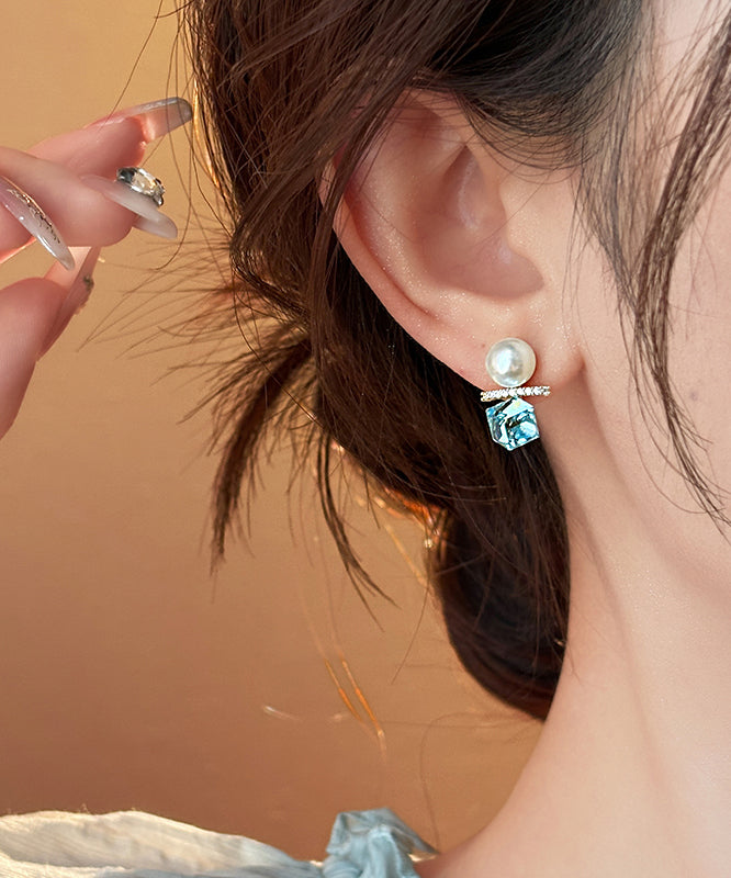 DIY Lake Blue Copper Alloy Zircon Pearl Stud Earrings
