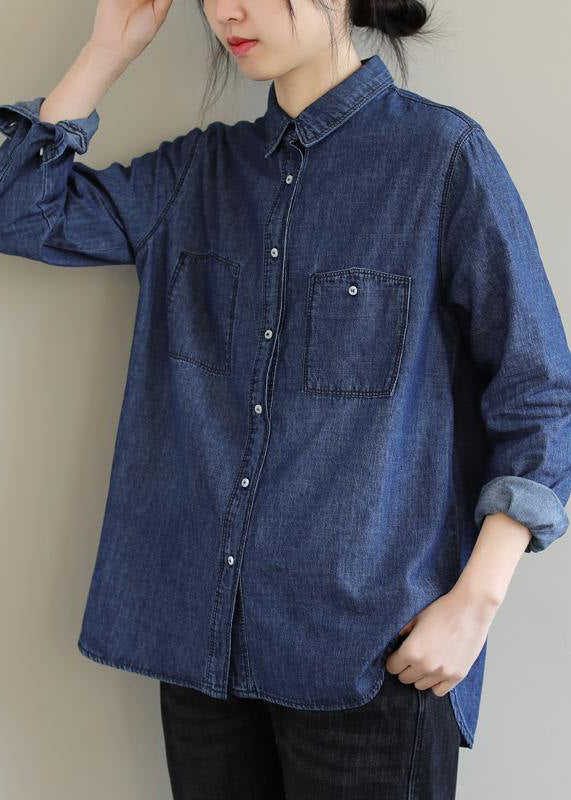 DIY Reverstaschen Frühlingskleidung für Frauen Muster Denim Blue Shirt