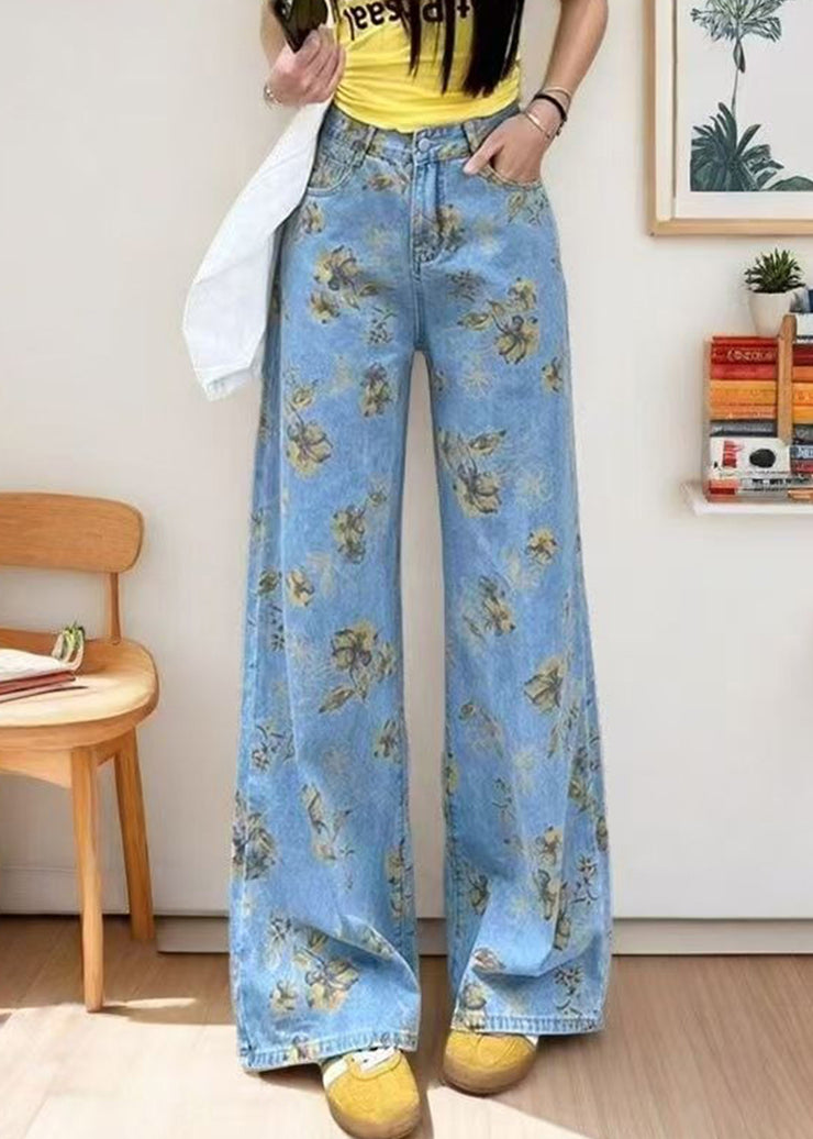 DIY Light Blue Oversized Print Denim Straight Pants Fall