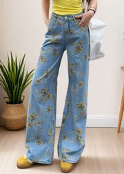 DIY Light Blue Oversized Print Denim Straight Pants Fall