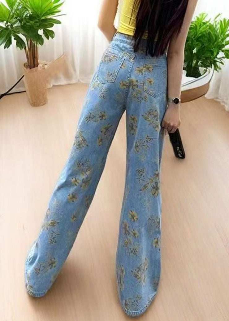 DIY Light Blue Oversized Print Denim Straight Pants Fall