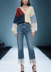 DIY Mixed Color Asymmetrical Patchwork Lace Sweaters Winter