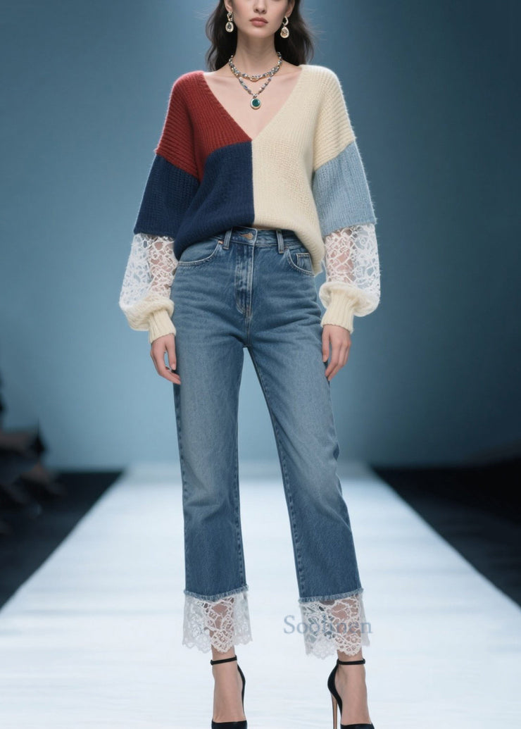 DIY Mixed Color Asymmetrical Patchwork Lace Sweaters Winter