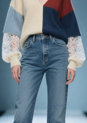 DIY Mixed Color Asymmetrical Patchwork Lace Sweaters Winter