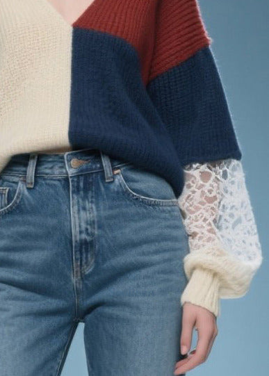 DIY Mixed Color Asymmetrical Patchwork Lace Sweaters Winter