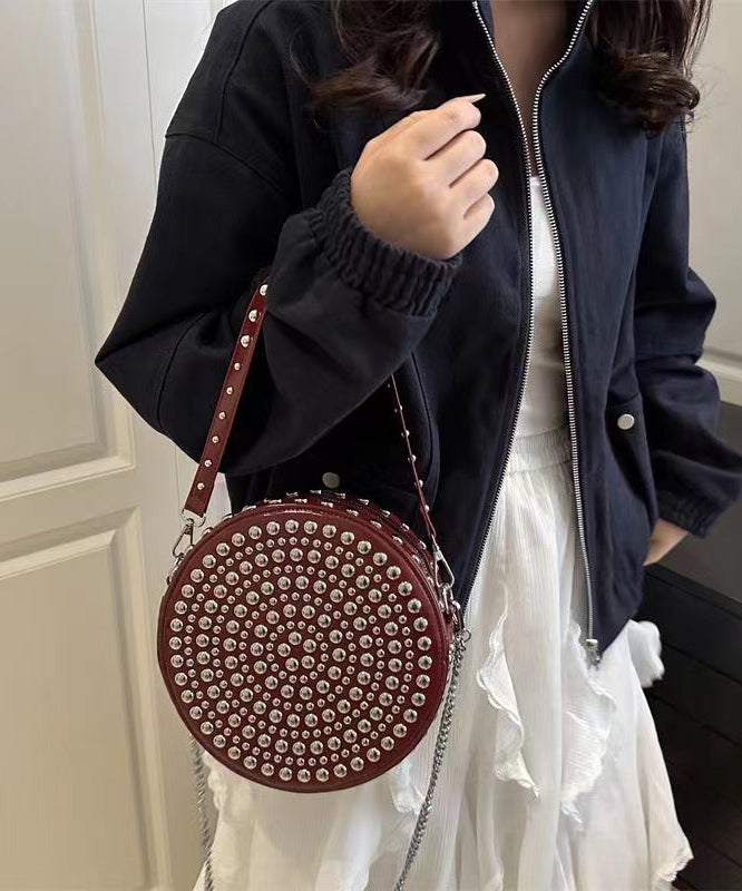 DIY Mulberry Rivet Solid Durable Faux Leather CrossBody Round Bag