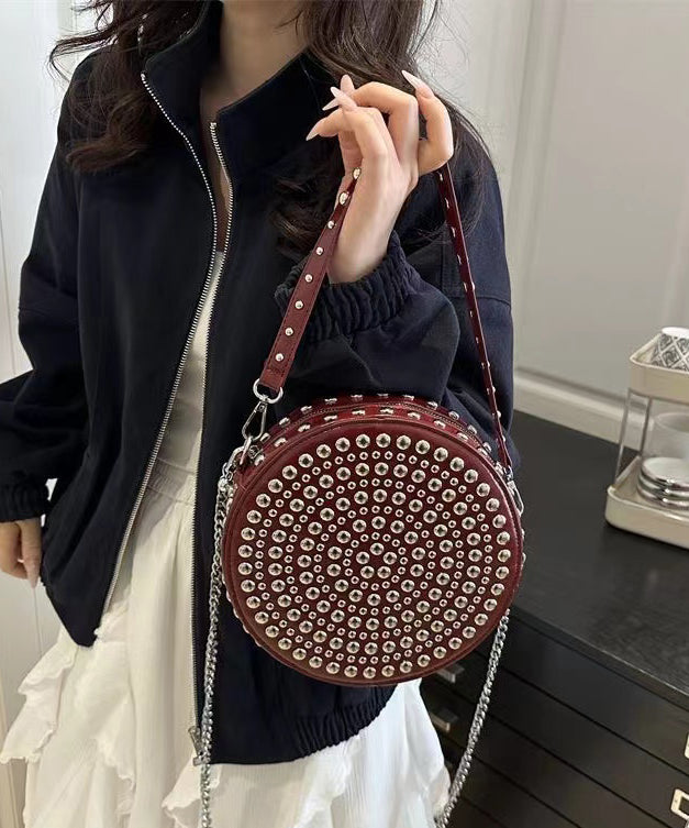 DIY Mulberry Rivet Solid Durable Faux Leather CrossBody Round Bag