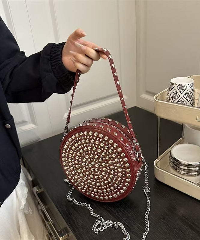 DIY Mulberry Rivet Solid Durable Faux Leather CrossBody Round Bag