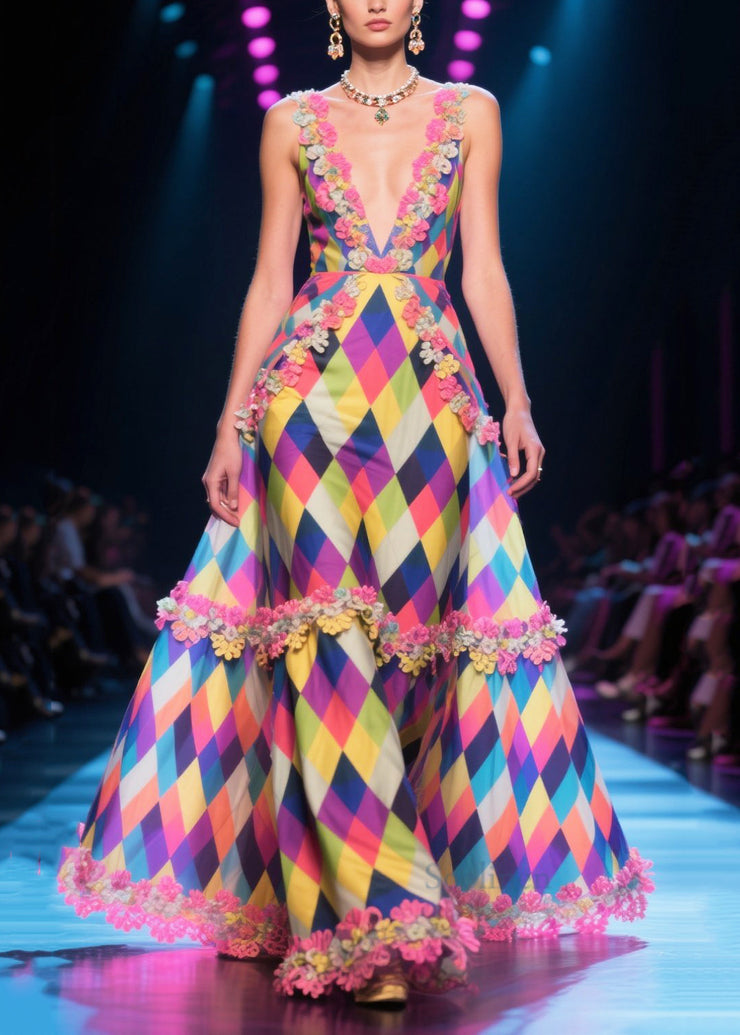 DIY Multicolour Plaid Patchwork Lace Chiffon Long Dress Summer