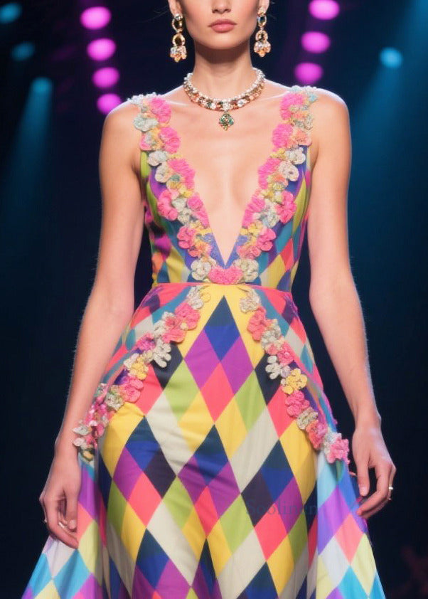 DIY Multicolour Plaid Patchwork Lace Chiffon Long Dress Summer