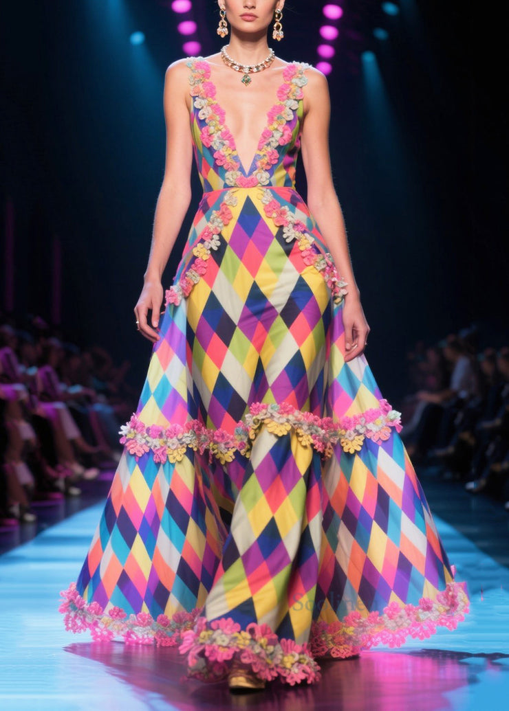 DIY Multicolour Plaid Patchwork Lace Chiffon Long Dress Summer