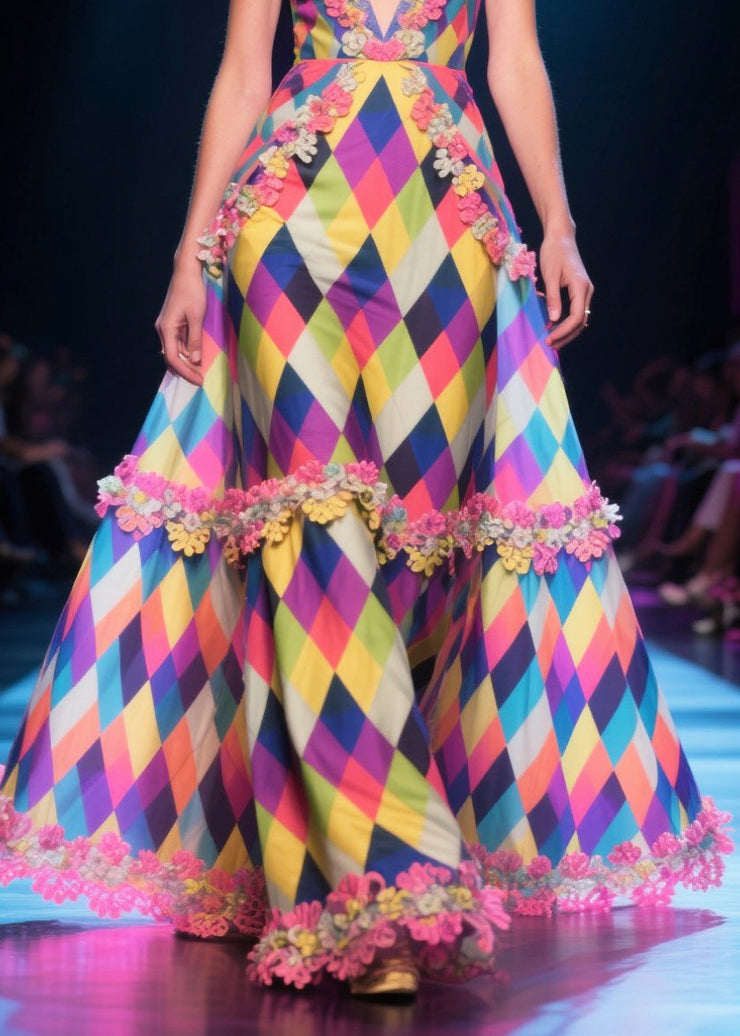 DIY Multicolour Plaid Patchwork Lace Chiffon Long Dress Summer