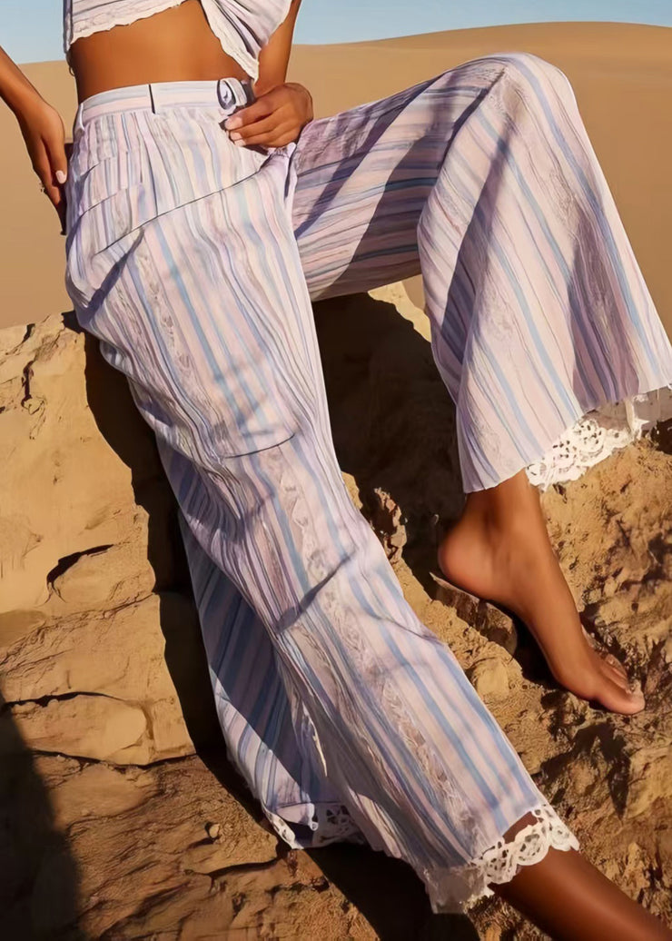 DIY Multicolour Striped Patchwork Lace Pants Summer