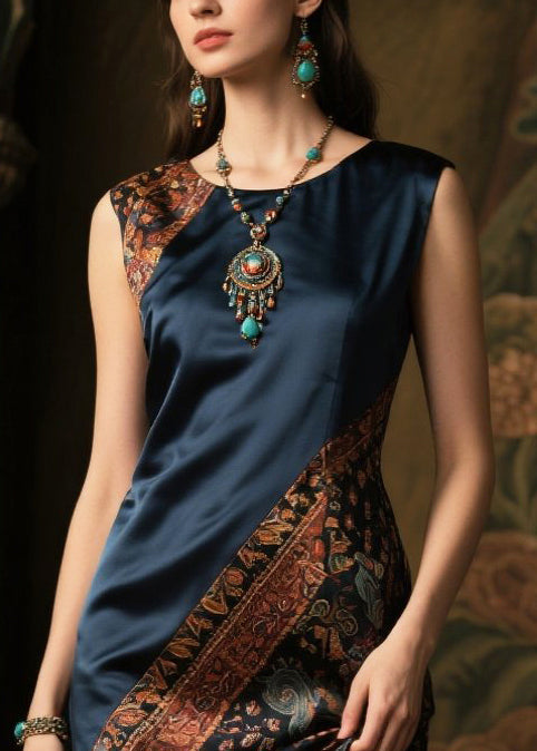DIY Navy Asymmetrical Patchwork Silk Fake Two Piece Dresses Sleeveless