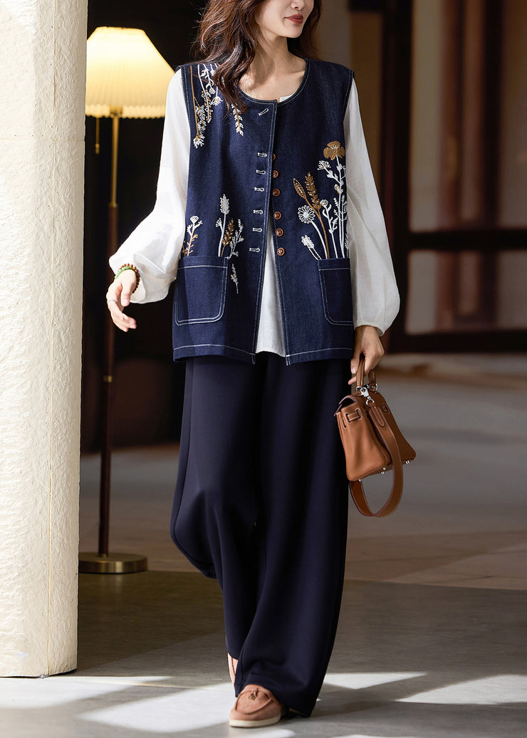 DIY Navy Oversized Embroideried Denim Vests Fall