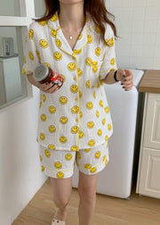 DIY Oversized Smile Print Cotton Pajama Sets Short Sleeve