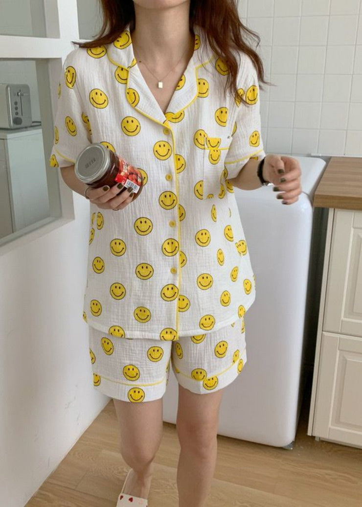 DIY Oversized Smile Print Cotton Pajama Sets Short Sleeve