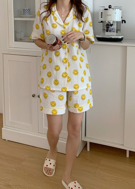 DIY Oversized Smile Print Cotton Pajama Sets Short Sleeve