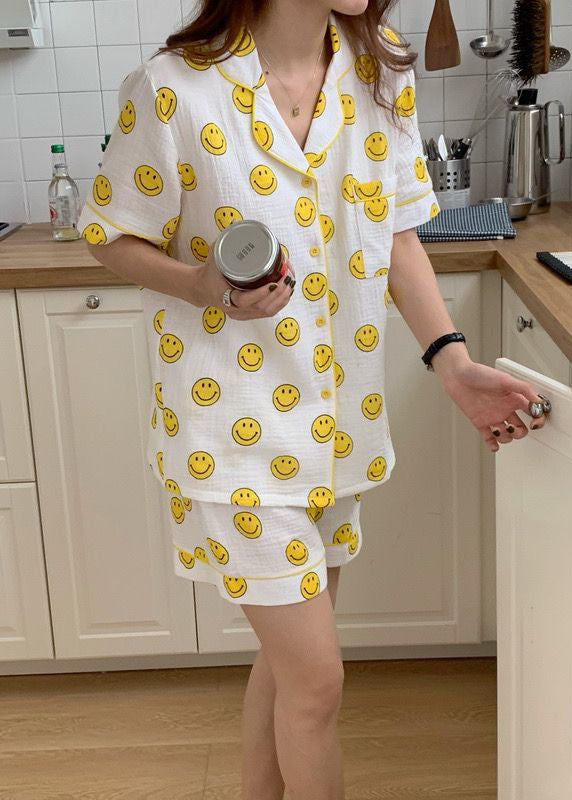 DIY Oversized Smile Print Cotton Pajama Sets Short Sleeve