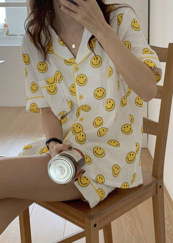 DIY Oversized Smile Print Cotton Pajama Sets Short Sleeve