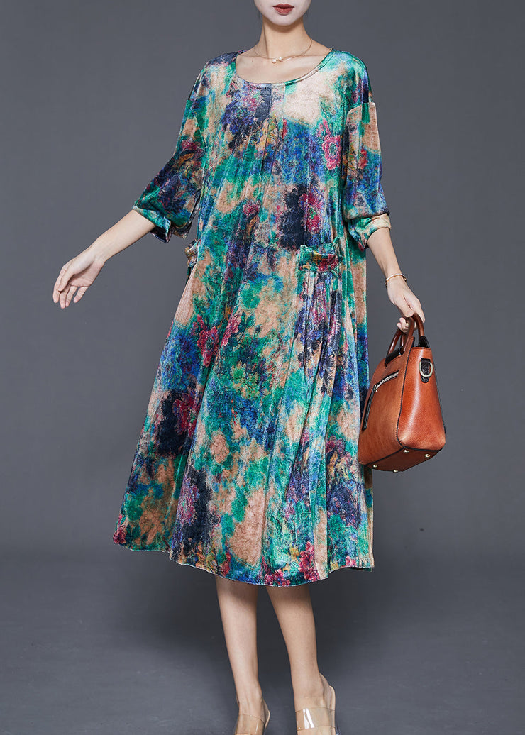 DIY Peacock Green Oversized Print Silk Velour Mid Dress Fall