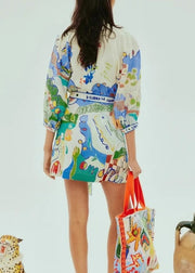 DIY Peter Pan Collar Print Cotton Shirts Dress Summer