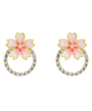 DIY Pink 14K Gold Zircon Oil Drip Floral Stud Earrings