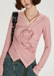 DIY Pink Asymmetrical Print Knit Tops Spring