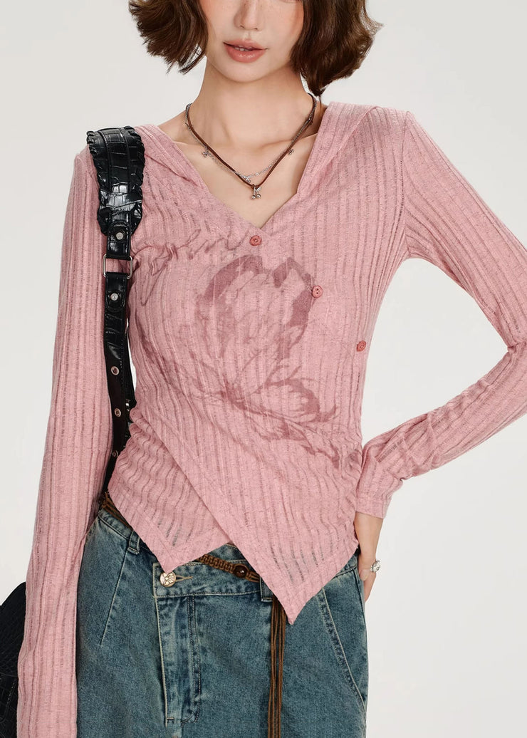 DIY Pink Asymmetrical Print Knit Tops Spring