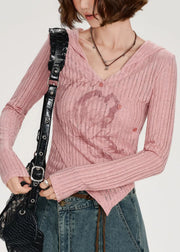 DIY Pink Asymmetrical Print Knit Tops Spring